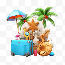 夏季旅行与手提箱沙堡岛伞椰子棕