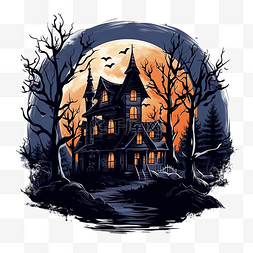 月亮门图片_万圣节房子和松树在夜间设计