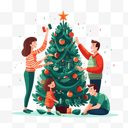 动画男生图片_幸福的家庭装饰圣诞树人们准备节