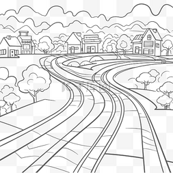 火车线穿过城镇着色页轮廓草图 