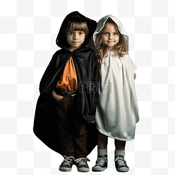 两个穿着万圣节服装的孩子站在黑