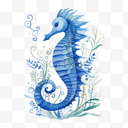 漫画海洋动物图片_蓝色海马海洋动物插画