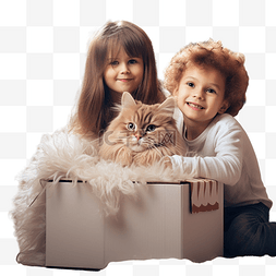 喜欢猫的人图片_装饰圣诞房间的盒子里有快乐的孩