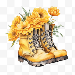 粉色与蓝色花朵图片_水彩黄色靴子与花朵