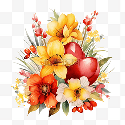 复活节花卉组合物，红色和黄色的