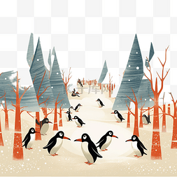 圣诞快乐卡，企鹅在冬季森林户外