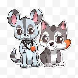 两只卡通小猫和一只狗贴纸 向量