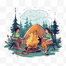 篝火涂鸦图片_游客用涂鸦风格的露营插画生火