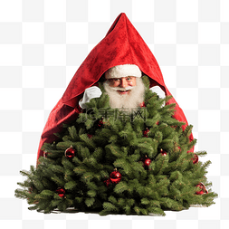 躲雪图片_圣诞老人躲在圣诞树后面藏礼物
