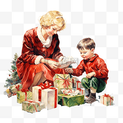 妈妈和儿子在圣诞树下整理圣诞老