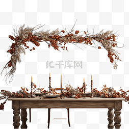 金色圣诞树枝图片_用冷杉树枝花环装饰的感恩节餐桌