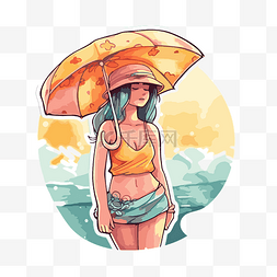 夏天沙滩上图片_沙滩上打着伞的女孩贴纸剪贴画 