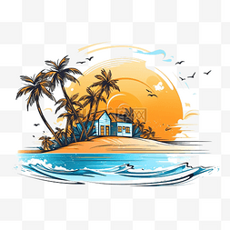 阳光明媚的海滩线条艺术插画