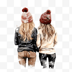 圣诞节两个穿着冬衣和帽子的女孩