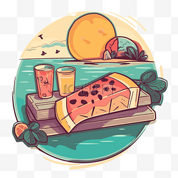 披萨和饮料放在板上，后面有太阳