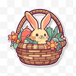 篮子里的兔子兔子贴纸与鲜花剪贴