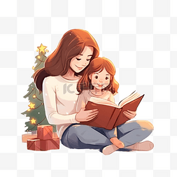 读书的女孩子图片_妈妈在家里的圣诞树旁给她可爱的