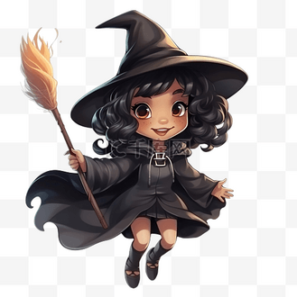 卡通可爱的小年轻黑人女巫拿着扫帚飞行