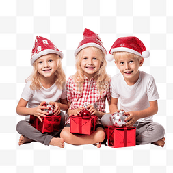 戴着帽子坐着的人图片_戴着圣诞老人帽子的金发小孩子坐