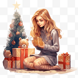 坐在圣诞树旁拿着圣诞礼物的女孩