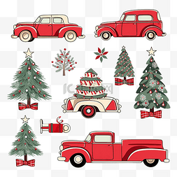 贺卡png图片_带装饰圣诞树和红色汽车运输的大
