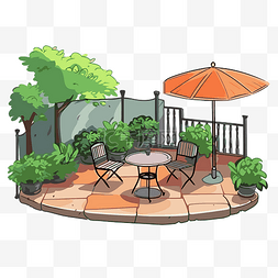 带桌子和雨伞的庭院剪贴画卡通设