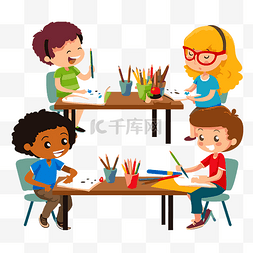 孩子桌前图片_学生工作剪贴画 四个孩子坐在桌