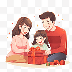 快乐的孩子打开圣诞盒子，父母帮助孩子打开圣诞礼物