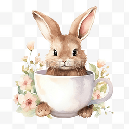 社团招新复古图片_复古兔子花卉咖啡杯水彩画风格