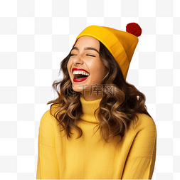 老人笑开心图片_戴着圣诞帽的女孩在孤立的黄墙上