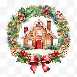 小装饰小玩意图片_圣诞冬青花环与姜饼屋水彩插图
