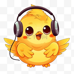 一只可爱的黄色小鸡听音乐的卡通
