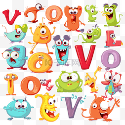 v卡通字母图片_元音剪贴画许多可爱的怪物站在字