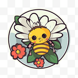卡通蜜蜂和花图片_大圆圈背景上可爱的蜜蜂贴纸 向