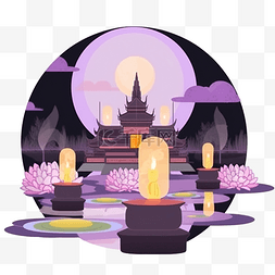 背景月亮水图片_泰国寺庙洛伊水灯夜景与满月和灯
