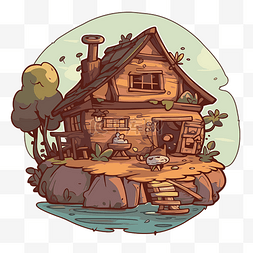 在水边图片_卡通风格的房子坐在岛上的水边 