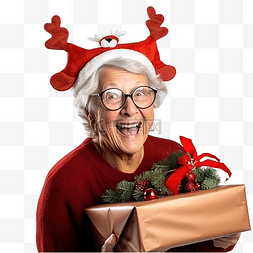 老年女性图片_奶奶戴着鹿圣诞帽，手里拿着圣诞