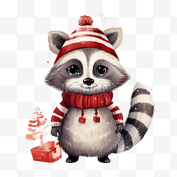 礼盒人物插画图片_可爱的浣熊与圣诞服装卡通人物圣