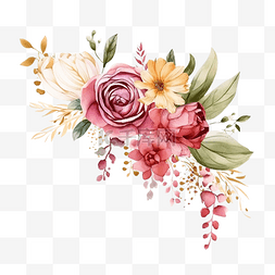 带叶子的框图片_松散的水彩彩色玫瑰和野花花束，