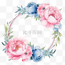 花束粉红图片_粉红玫瑰和牡丹花花束花环，蓝色