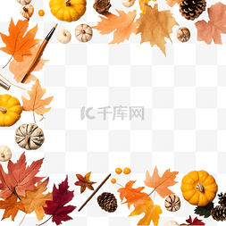 秋天落叶图案图片_平躺，配有秋季装饰和画笔