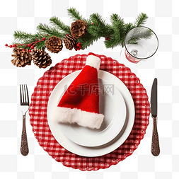 平面食品海报图片_冷杉树枝和餐具，配有圣诞老人帽
