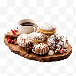 咖啡时间图片_木桌上供应圣诞装饰糖果的咖啡时