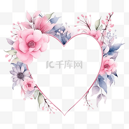 相框爱心和水彩花与粉红色花卉装