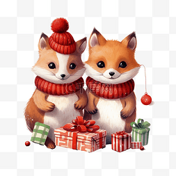 圣诞快乐庆祝松鼠和狐狸与红色毛