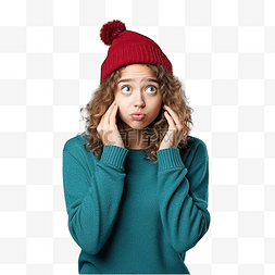 思考问题表情图片_戴着圣诞帽戴着孤立蓝色的女孩，
