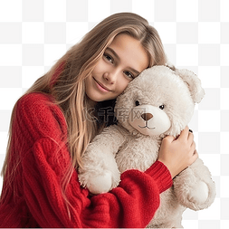 少女引用红色毛衣拥抱白色泰迪熊