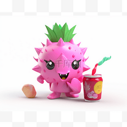 小粉红玩具菠萝旁边有苏打水和饮