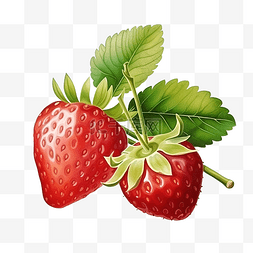 水果蔬菜透明素材图片_草莓绿叶插画彩画