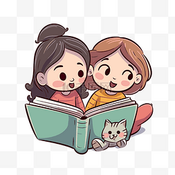两个女孩读一本书并抱着一只猫剪